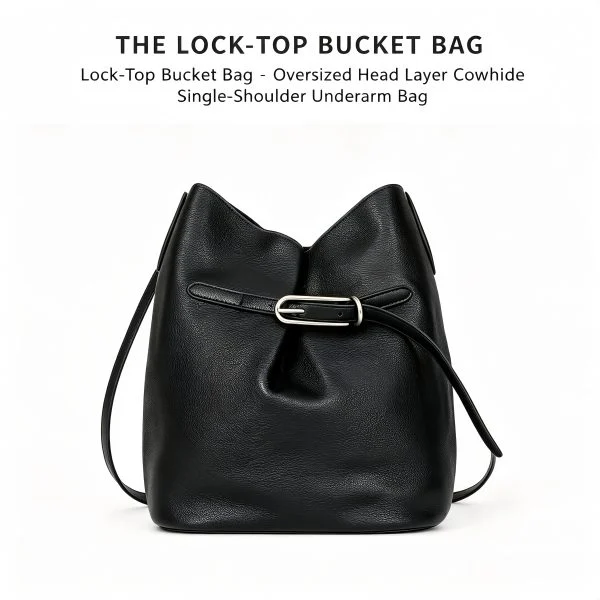 Oversized top‑grain cowhide bucket bag, buckle lock large capacity single shoulder underarm hobo bag in black