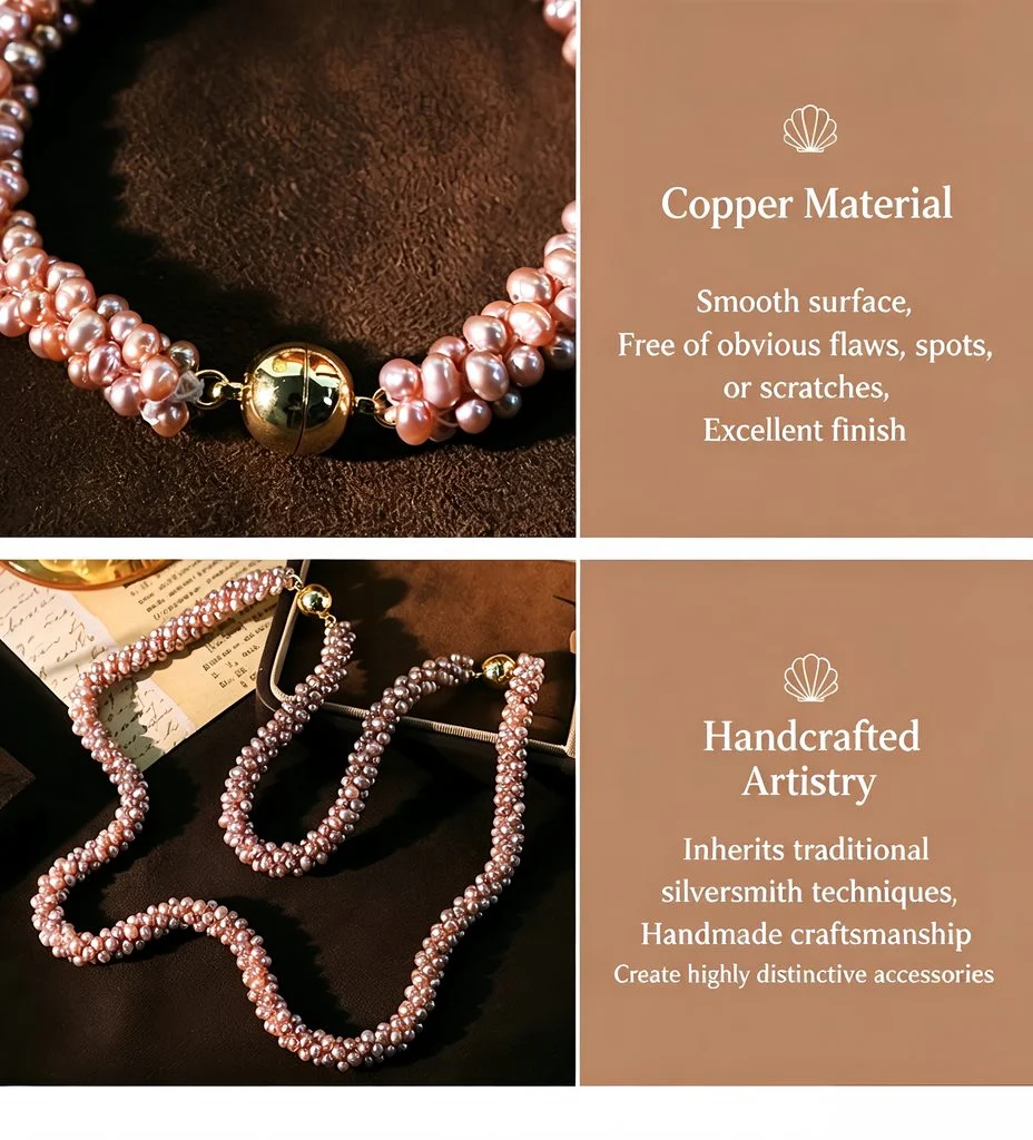 Close-up product collage showing copper magnetic clasp and handcrafted artistry details of natural purple freshwater pearl necklace and bracelet set