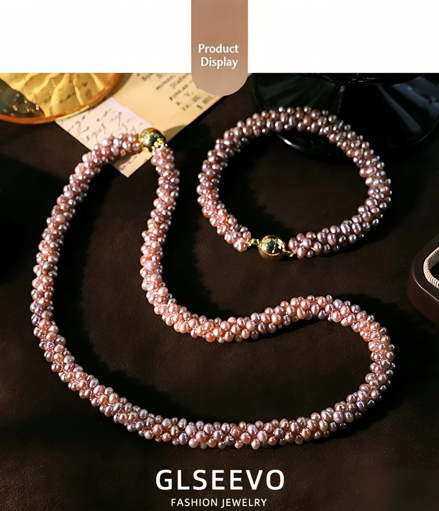 Elegant gift presentation of twisted purple freshwater pearl necklace and bracelet jewelry set, perfect gift idea for women