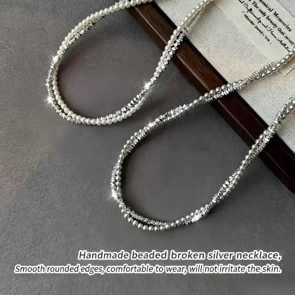 Double‑Layer Broken Silver Pearl Clavicle Necklace White Gray Two Colors Women Stacked Choker Jewelry