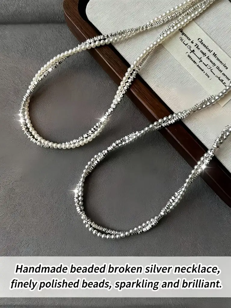 Broken Silver Pearl Choker Close‑up, Alloy Beads, Pearl Detail, Product Specification Infographic