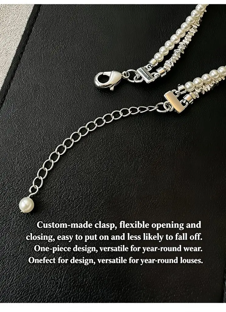 Broken Silver Pearl Choker Close‑up, Alloy Beads, Pearl Detail, Product Specification Infographic
