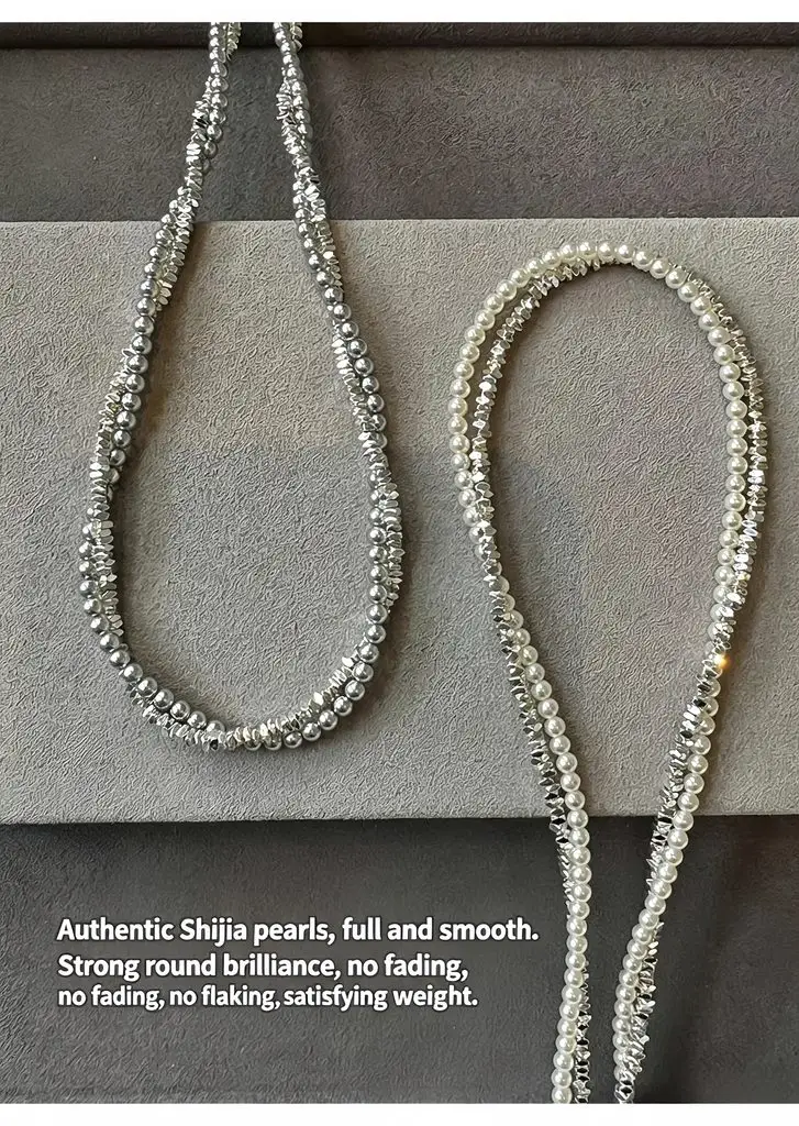 Broken Silver Pearl Choker Close‑up, Alloy Beads, Pearl Detail, Product Specification Infographic