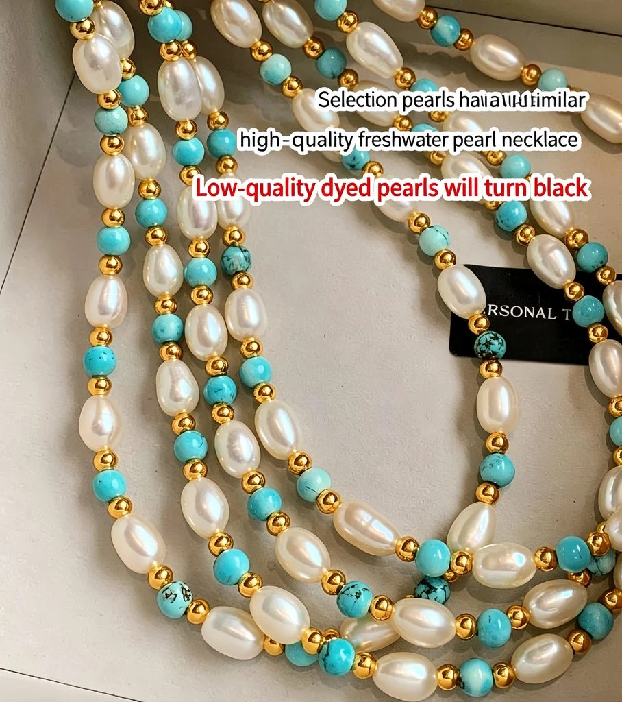 Natural turquoise beads with growth lines paired with rice-shaped freshwater pearls, not plastic