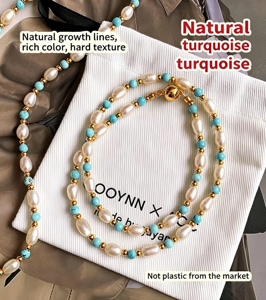 Comparison of high-quality freshwater pearls vs low-quality dyed imitation pearls on turquoise pearl necklace
