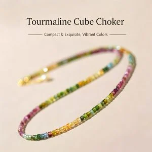 Tourmaline Cube Choker, natural rainbow multi-color small square candy tourmaline crystal beaded collarbone necklace for women