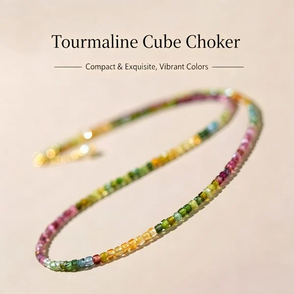 Tourmaline Cube Choker, natural rainbow multi‑color small square candy tourmaline crystal beaded collarbone necklace for women
