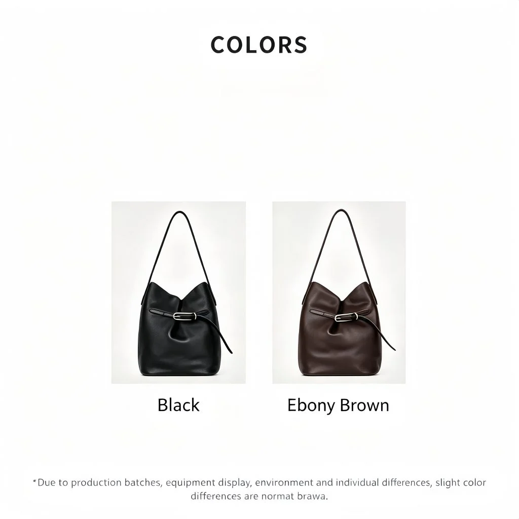 Oversize top grain leather bucket bag, two‑color display black and ebony brown buckle lock shoulder hobo bag