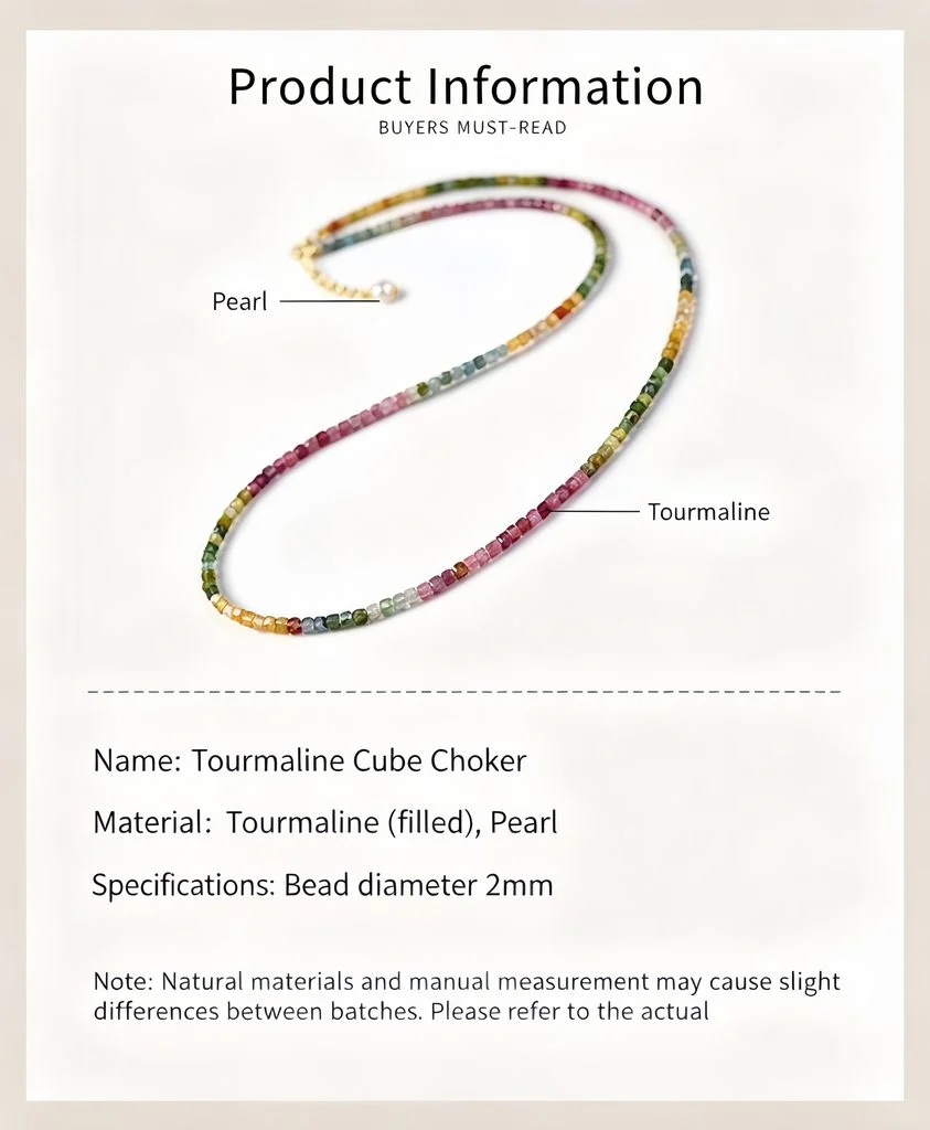 Model wearing tourmaline choker showing adjustable extension chain and tiny pearl drop