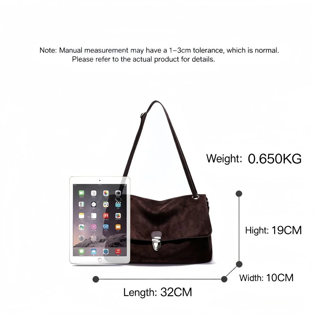 Coffee brown genuine leather shoulder bag shown next to an iPad for size comparison, displaying compact dimensions of 32 by 10 by 19 cm at just 0.65 kg