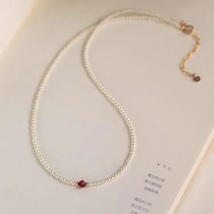 Swarovski pearl choker necklace with wine-red faceted zirconia and S925 sterling silver clasp