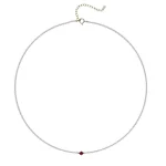 Flat lay view of dainty pearl choker necklace with burgundy crystal accent on white background