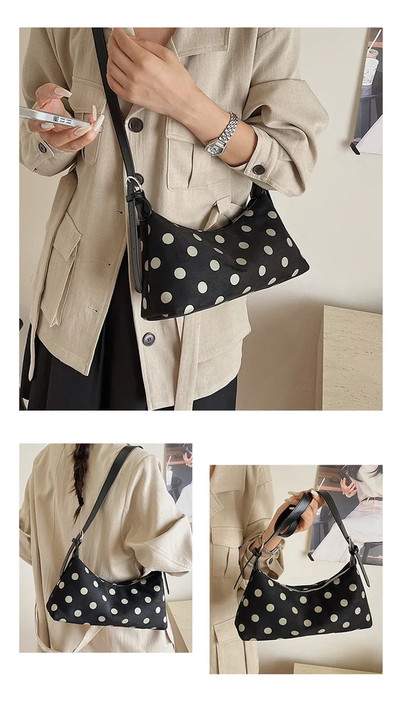 Model wearing polka dot suede hobo bag as crossbody, styling display with everyday outfit