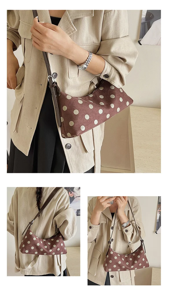 Model wearing beige polka dot hobo bag as underarm shoulder bag, vintage retro styling display