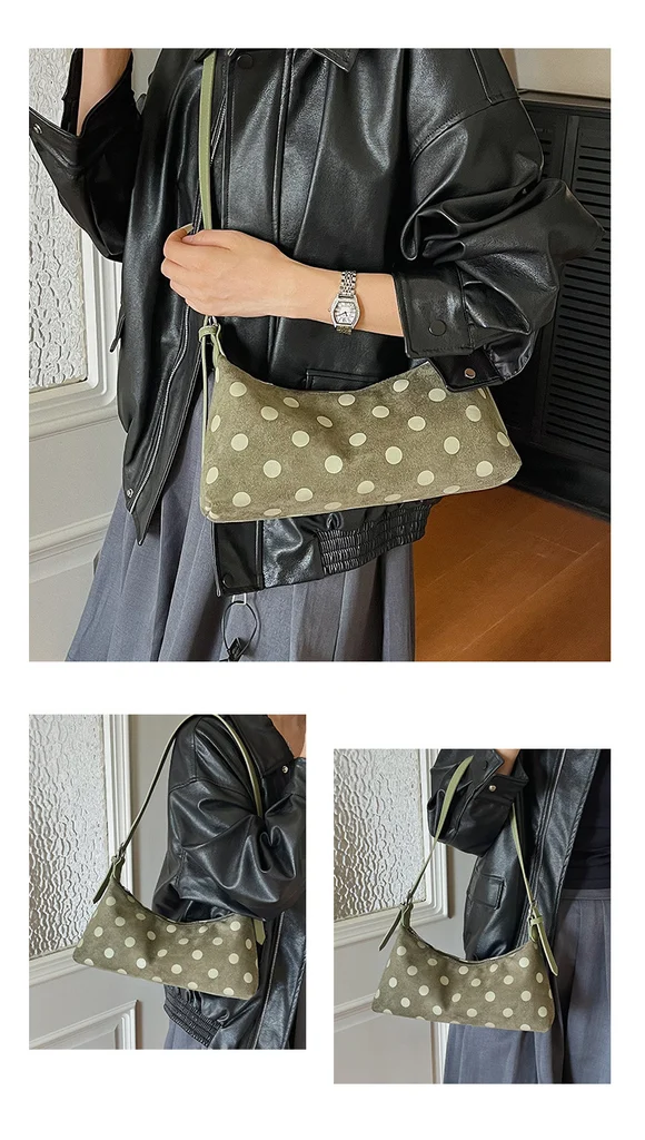 Model styling polka dot suede hobo bag with different outfit, vintage crossbody bag fashion display