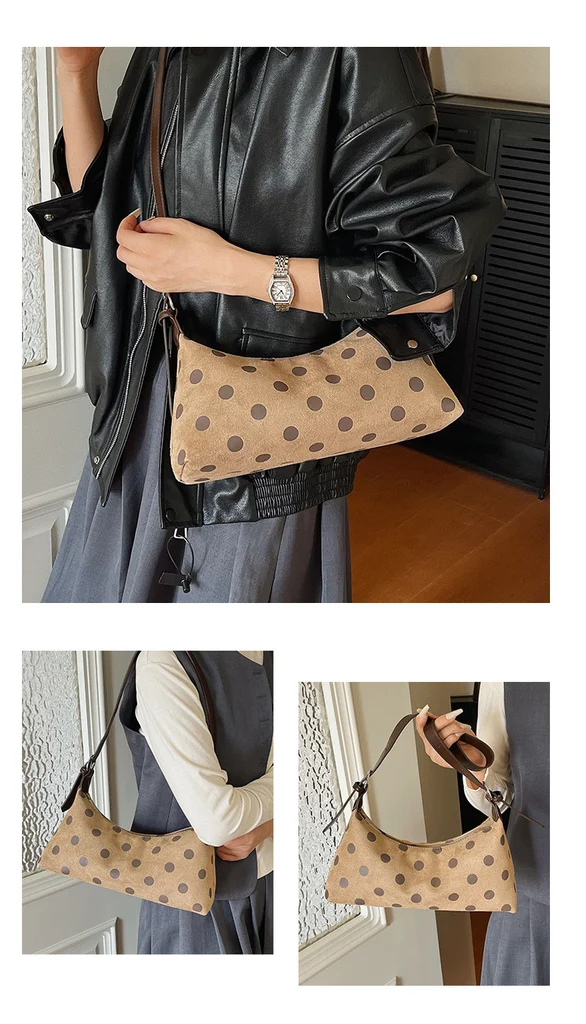 Polka dot suede hobo bag worn by model with casual outfit, everyday crossbody styling shot