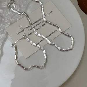 S925 Sterling Silver Brushed - S925 Sterling Silver Brushed Bean Necklace – Korean Style Minimalist Adjustable Collar Chain