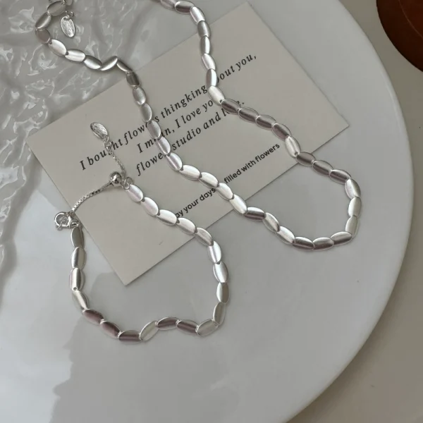 S925 Sterling Silver Brushed - S925 Sterling Silver Brushed Bean Necklace – Korean Style Minimalist Adjustable Collar Chain