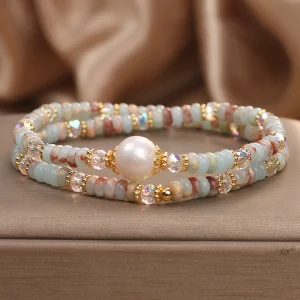 Natural Shoushan stone double-layer bracelet with freshwater pearl focal and faceted AB crystal accents, Chinese style beaded stacking bracelet in sky blue milky white and reddish-pink tones with gold-tone spacers
