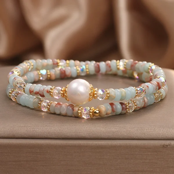 Natural Shoushan stone double-layer bracelet with freshwater pearl focal and faceted AB crystal accents, Chinese style beaded stacking bracelet in sky blue milky white and reddish-pink tones with gold-tone spacers