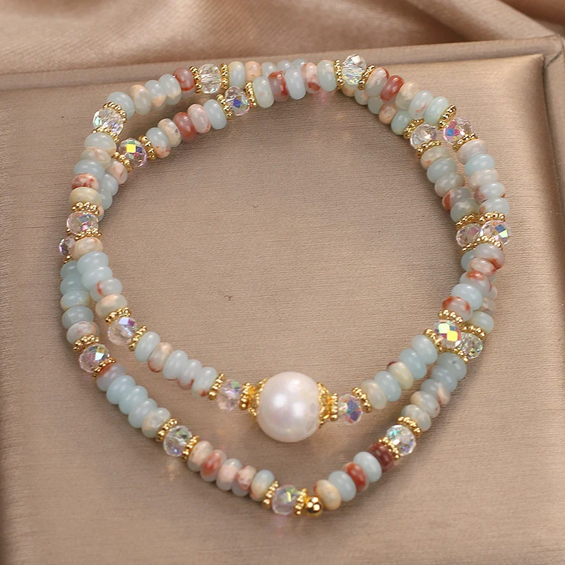Natural Shoushan stone pearl double-layer bracelet with freshwater pearl focal and faceted AB crystal accents, dual-strand elastic Chinese style beaded bracelet in sky blue milky white and warm rose tones