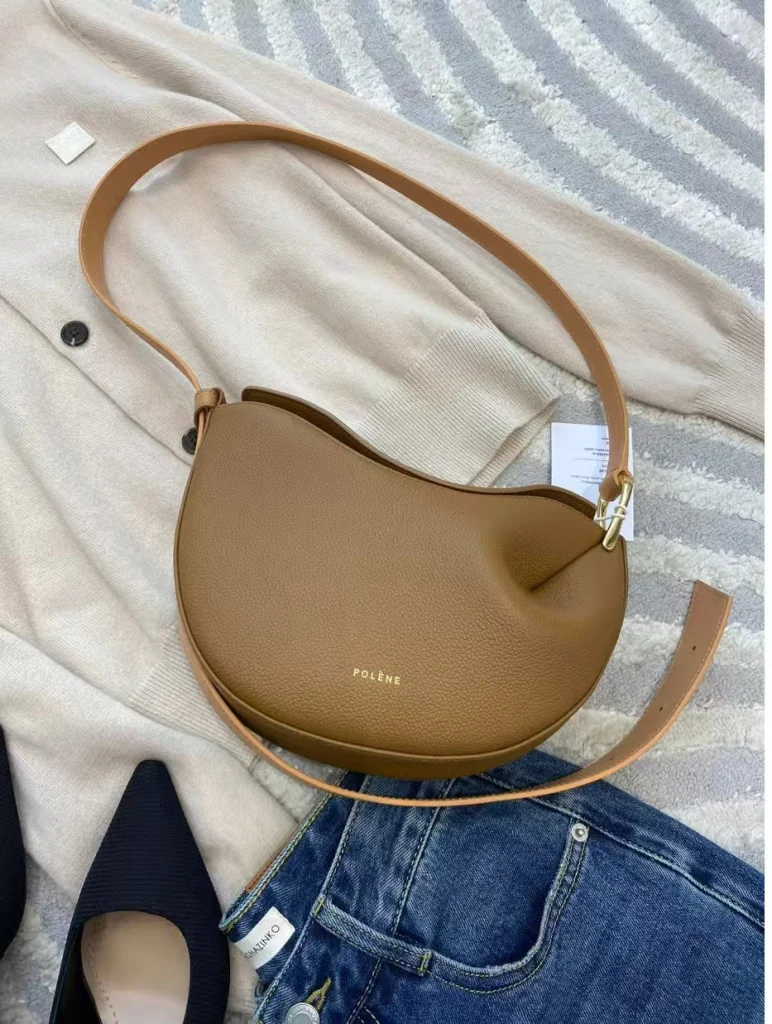 Brown genuine leather pea hobo crossbody bag casual outfit styling
