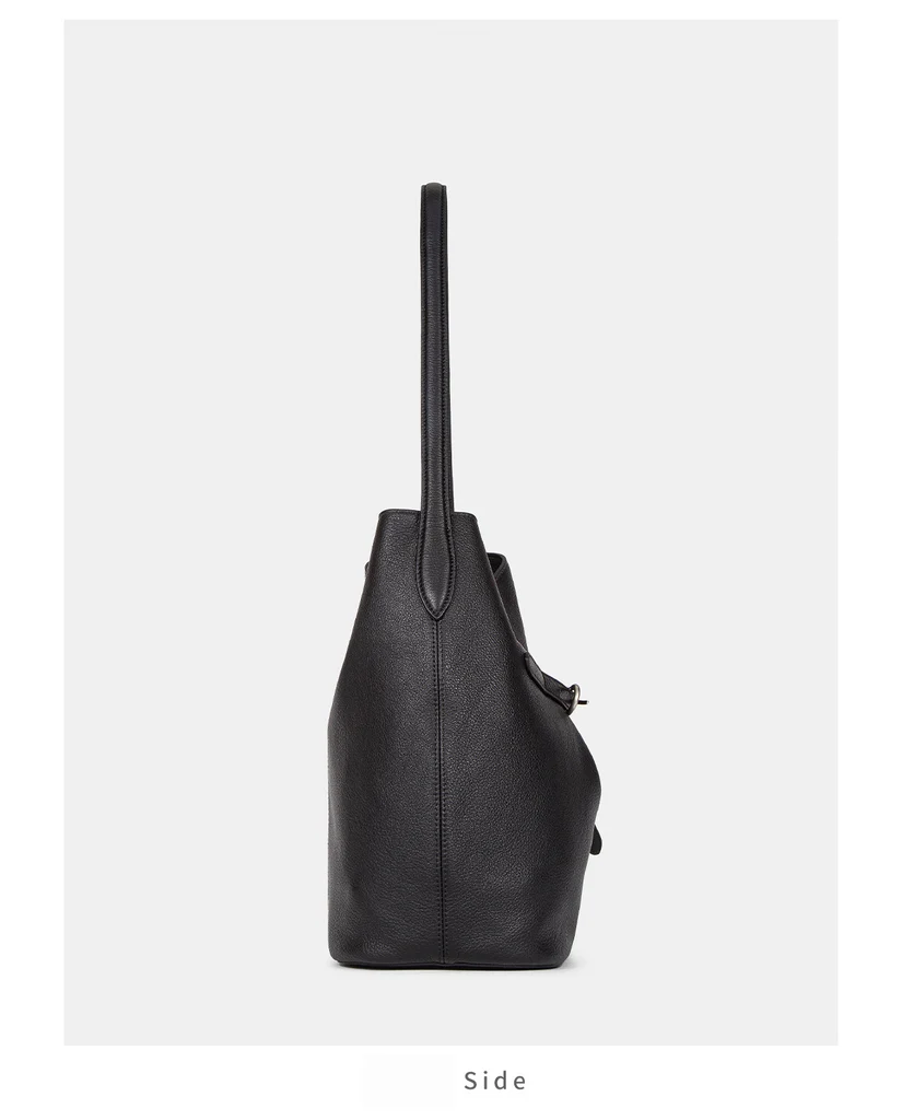 Lock-Top Bucket Bag dimension diagram showing width 24cm, height 30cm, depth 16cm, genuine top-grain cowhide shoulder bag