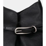 Close‑up view of metal buckle lock detail on oversized top‑grain cowhide bucket bag