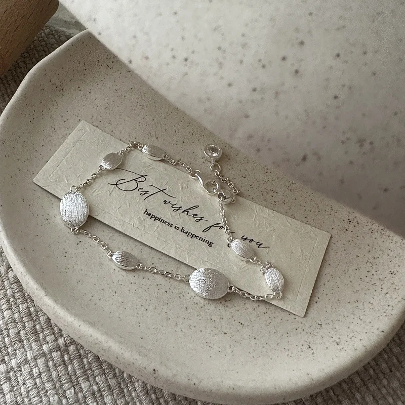 S925 sterling silver vintage brushed minimalist bracelet with oval and round links
