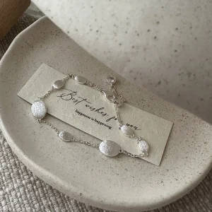 S925 sterling silver vintage brushed minimalist bracelet with irregular oval and round links