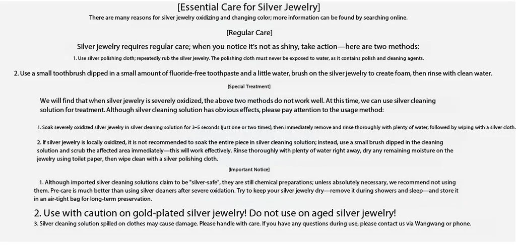 Care instructions for sterling silver jewelry, including polishing and cleaning steps