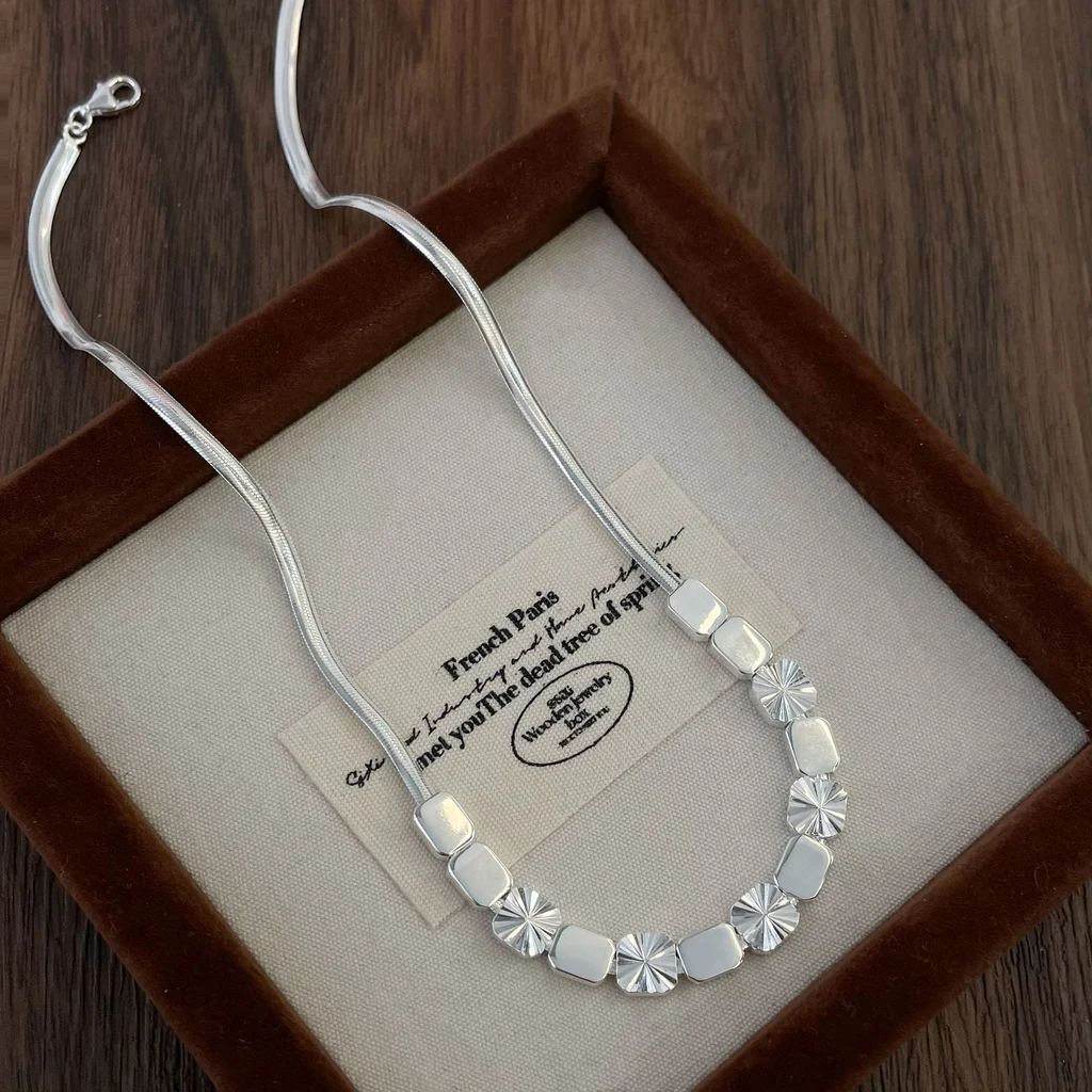 925 sterling silver faceted cube snake chain choker necklace laid in jewelry gift box