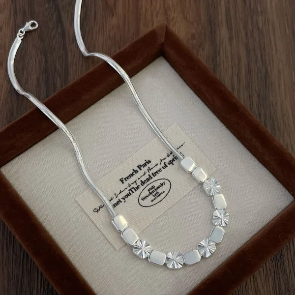 925 sterling silver flat snake chain necklace with polished square beads and diamond-cut starburst discs