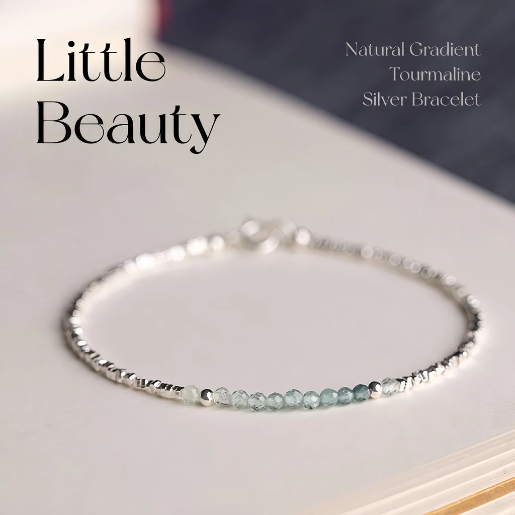 Natural Gradient Tourmaline 925 Sterling Silver Broken‑Silver Adjustable Bracelet for Women