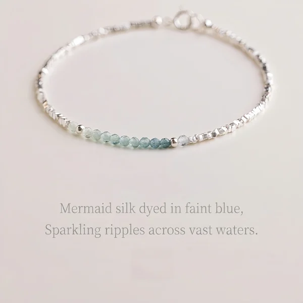 925 Sterling Silver Tiny Chip Bead Bracelet, Natural Gradient Blue Tourmaline Dainty Bracelet for Women