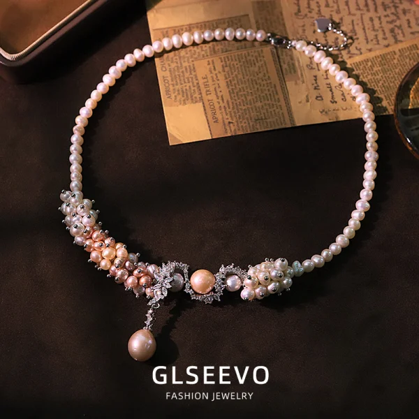 Vintage Natural Pink‑White Pearl Flower Vine S‑Shape Zircon Choker Necklace Women Elegant Clavicle Jewelry