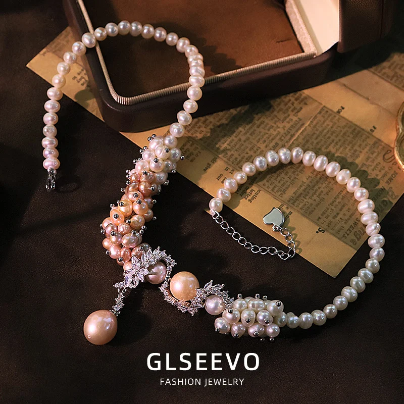 Product display of snake flower vine zircon pearl necklace, vintage handmade women jewelry