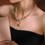 Model wearing vintage flower‑vine pearl zircon choker necklace elegant women wedding party clavicle jewelry