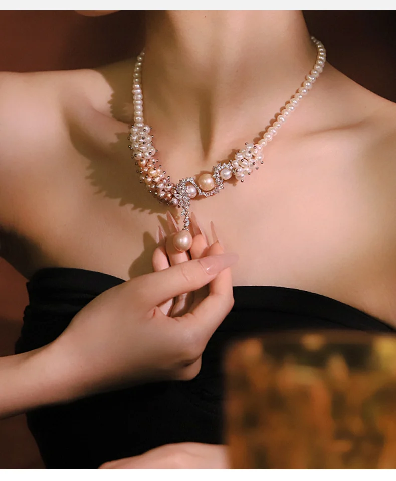 Model wearing vintage natural pearl flower vine zircon choker necklace, women formal collarbone jewelry