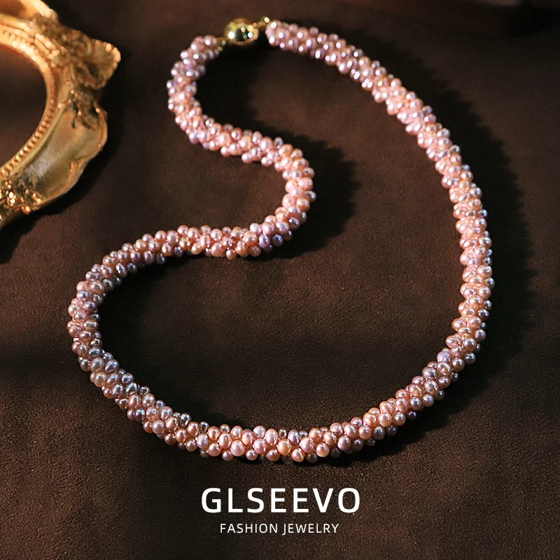 Stylish lifestyle photo of woman wearing twisted purple freshwater pearl necklace and bracelet set for evening and daily outfit styling