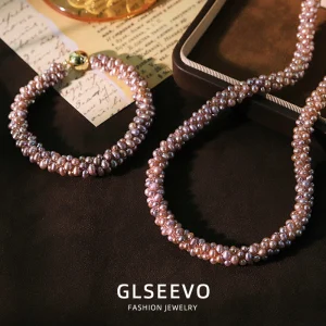 Multi‑strand twisted natural purple freshwater pearl magnetic clasp choker necklace and matching bracelet set, handmade niche high‑end women jewelry