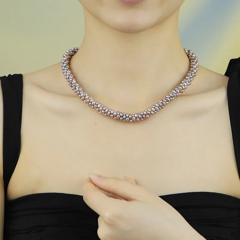 Product specification sheet collage for natural purple freshwater pearl caterpillar necklace and bracelet set showing dimensions, materials and natural pearl introduction