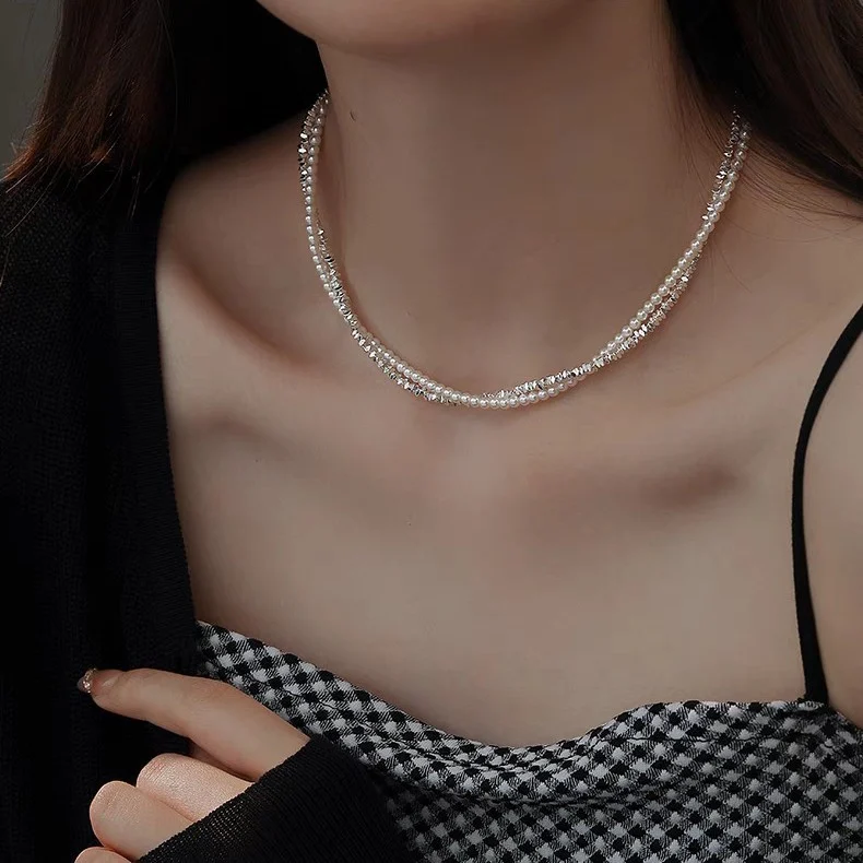Double‑Layer Broken Silver Pearl Necklace for Women, Adjustable Stacked Clavicle Choker Daily Party Jewelry