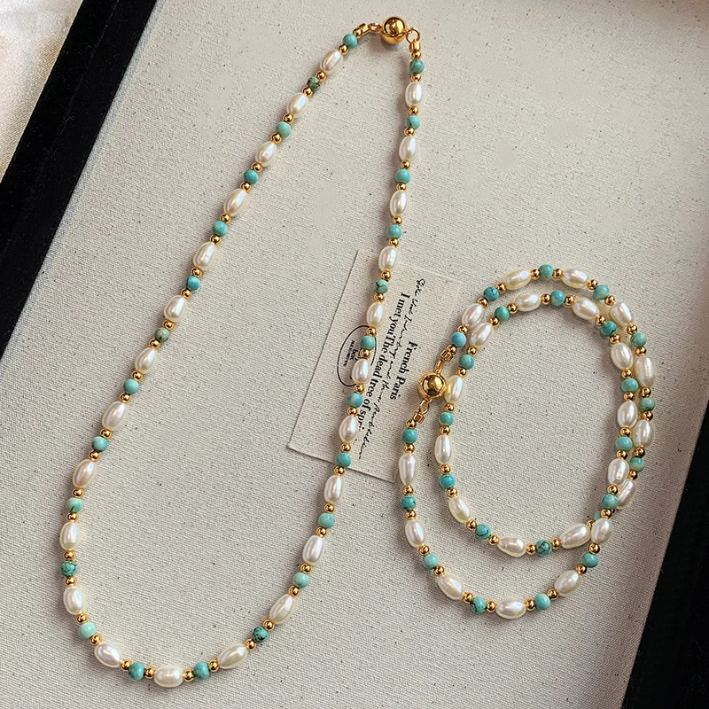 Hand-strung freshwater pearl and natural turquoise beaded collarbone necklace, bohemian vintage women jewelry