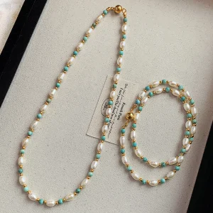 Women natural freshwater pearl turquoise beaded necklace new chinese style dainty clavicle chain