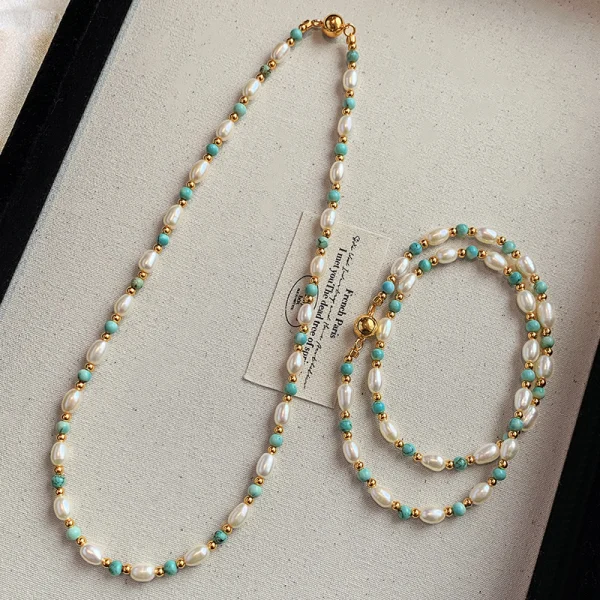 Women natural freshwater pearl turquoise beaded necklace new chinese style dainty clavicle chain