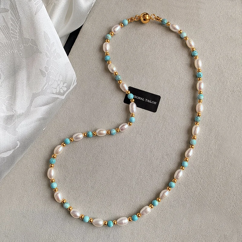 Hand-strung freshwater pearl and natural turquoise beaded collarbone necklace, bohemian vintage women jewelry