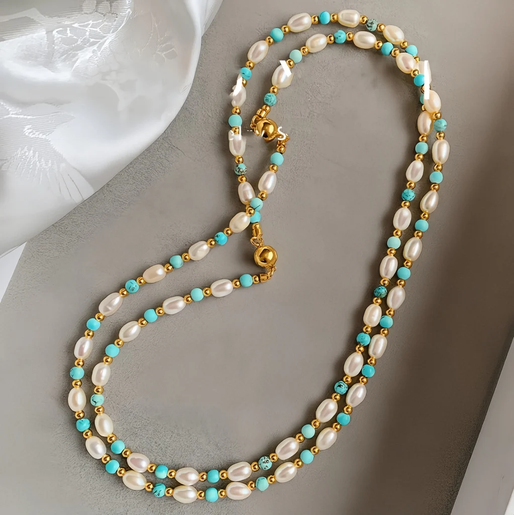 Hand-strung freshwater pearl and natural turquoise beaded collarbone necklace, bohemian vintage women jewelry