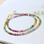 Flat‑lay view of natural rainbow tourmaline cube bead choker, dainty women collarbone necklace