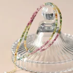 Natural rainbow tourmaline cube bead choker displayed on glass dish, dainty women crystal collarbone necklace